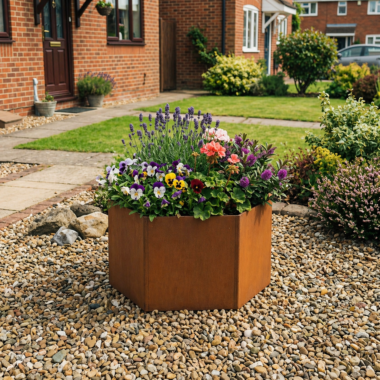 Hexagon-Shaped Rustic Steel Planter - 400mm Diameter x 300mm Height