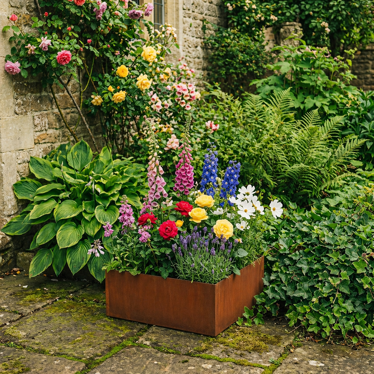 Square Rustic Steel Planter - 400mm x 400mm Top x 120mm Height