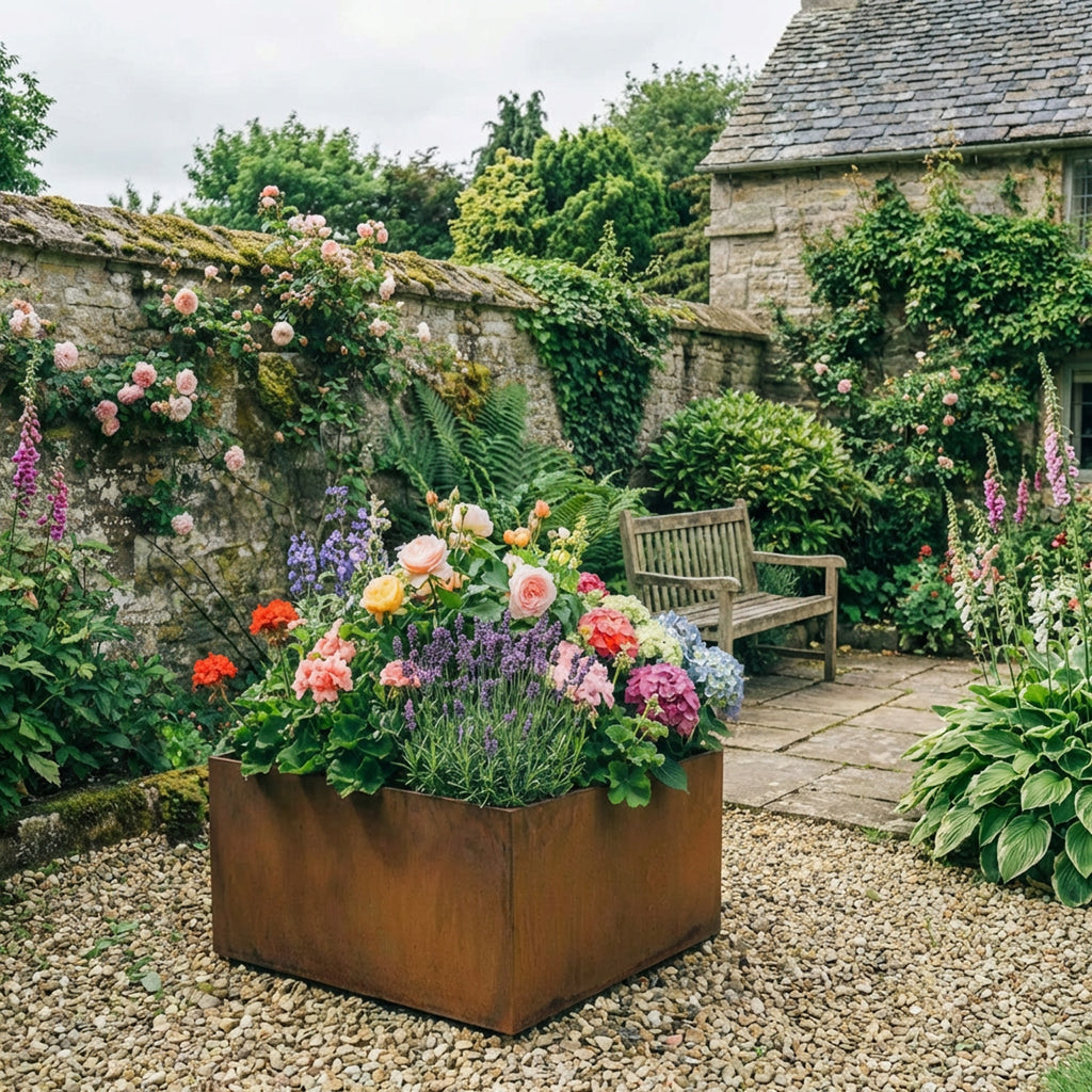 Square Rustic Steel Planter - 400mm x 400mm Top x 200mm Height