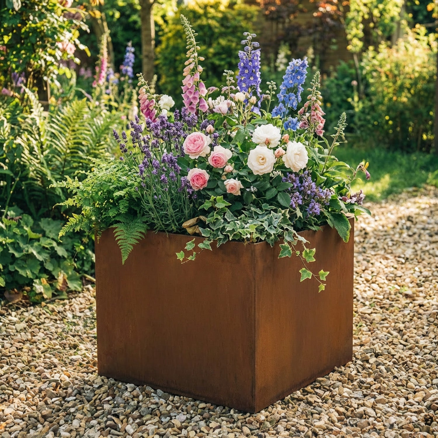 Square Rustic Steel Planter - 400mm x 400mm Top x 400mm Height