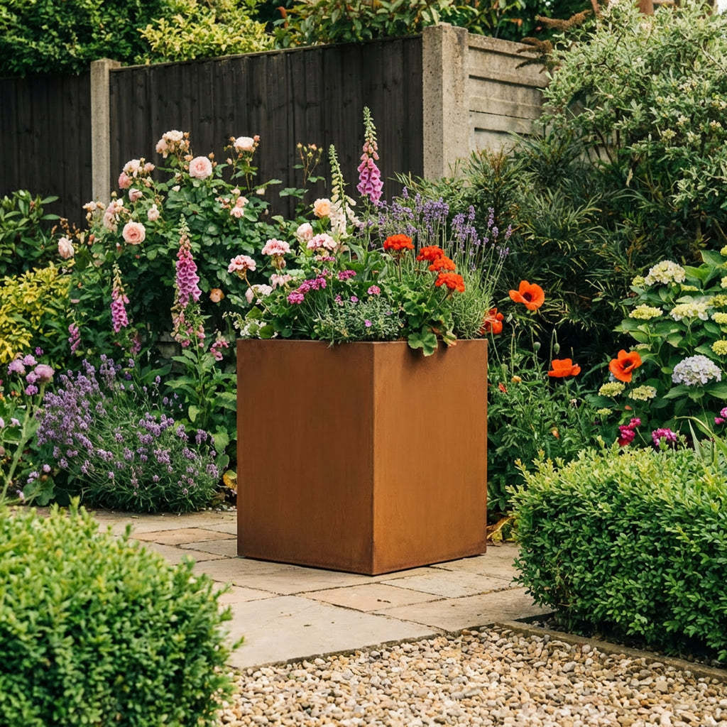 Square Rustic Steel Planter - 400mm x 400mm Top x 600mm Height