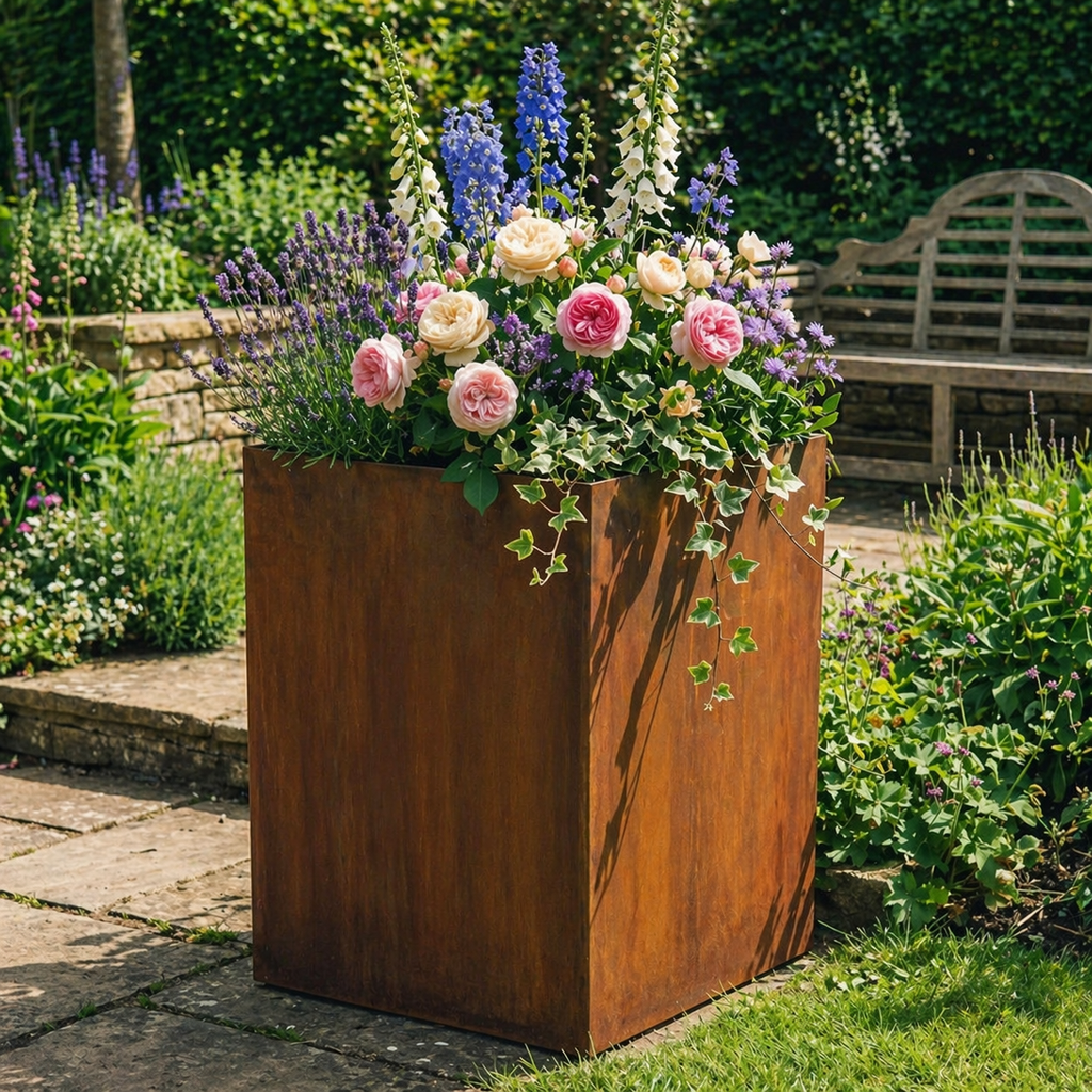 Square Rustic Steel Planter - 400mm x 400mm Top x 800mm Height