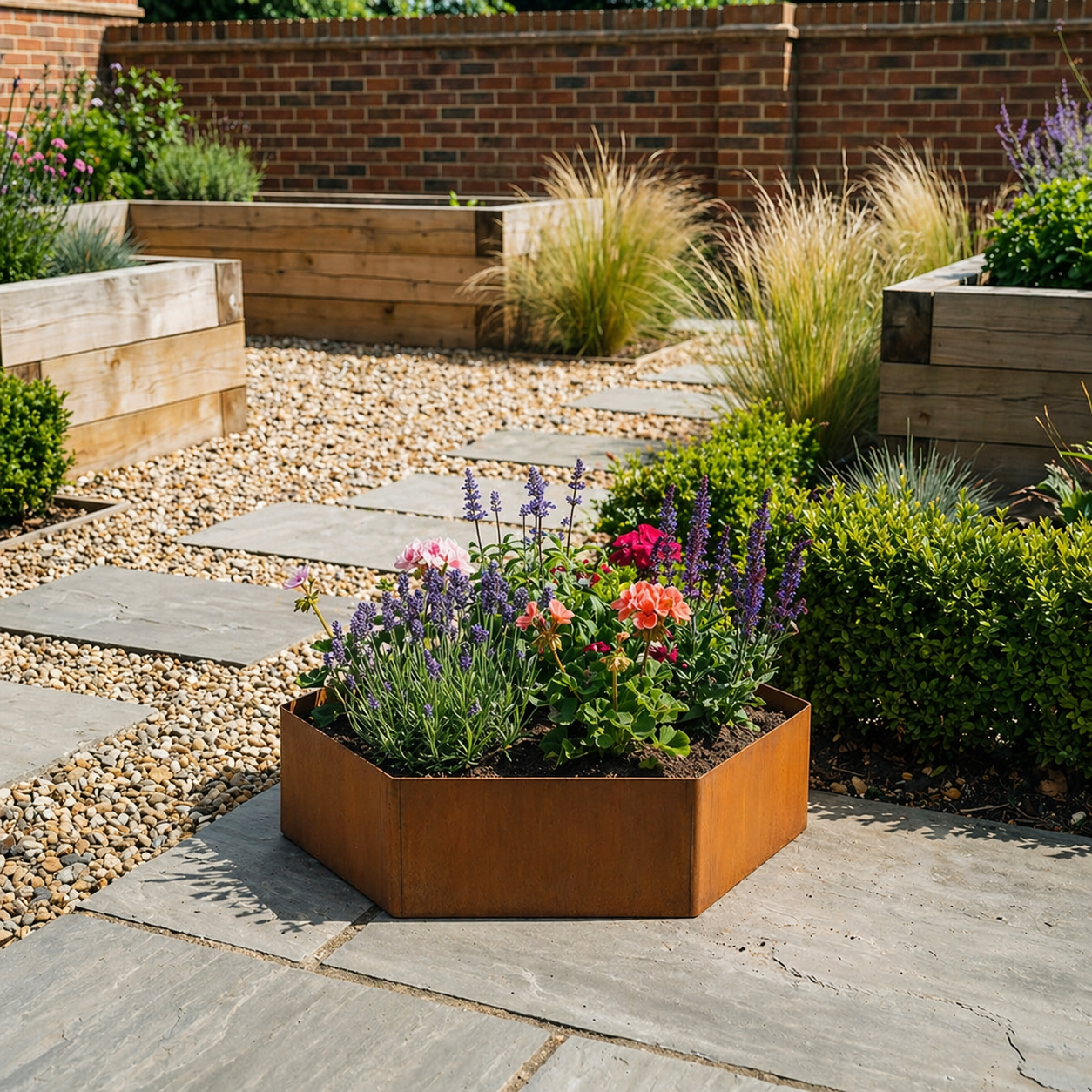 Hexagon-Shaped Rustic Steel Planter - 600mm Diameter x 200mm Height