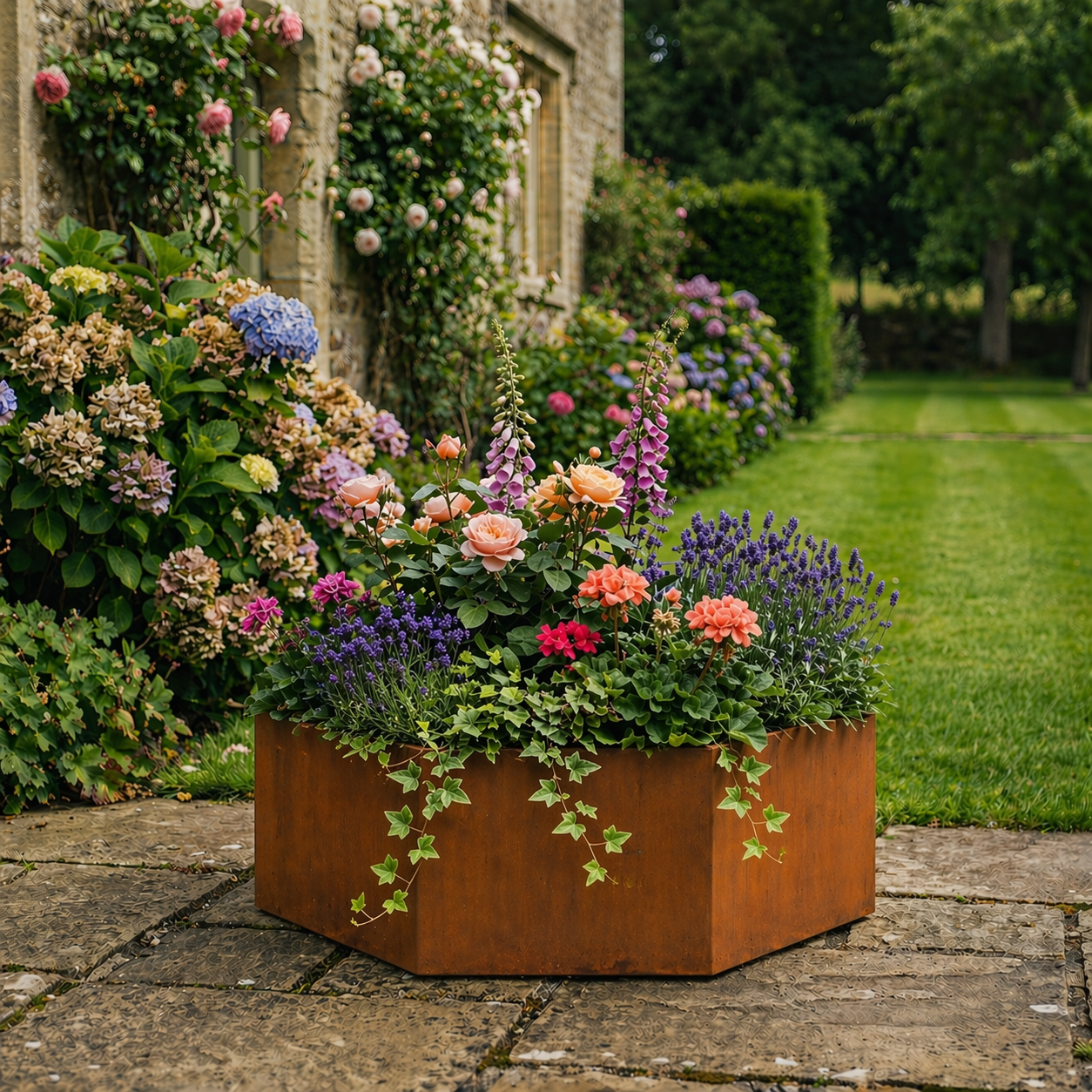 Hexagon-Shaped Rustic Steel Planter - 400mm Diameter x 200mm Height
