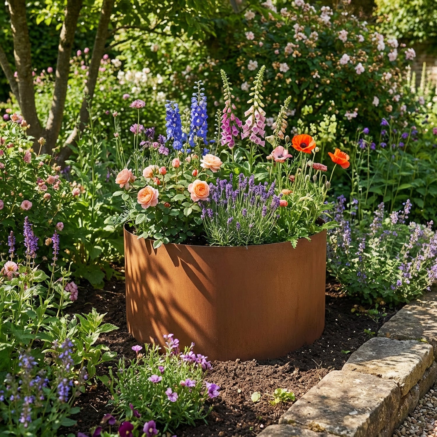 Circular Rustic Steel Planter & Tree Ring - 600mm Diameter x 300mm Height