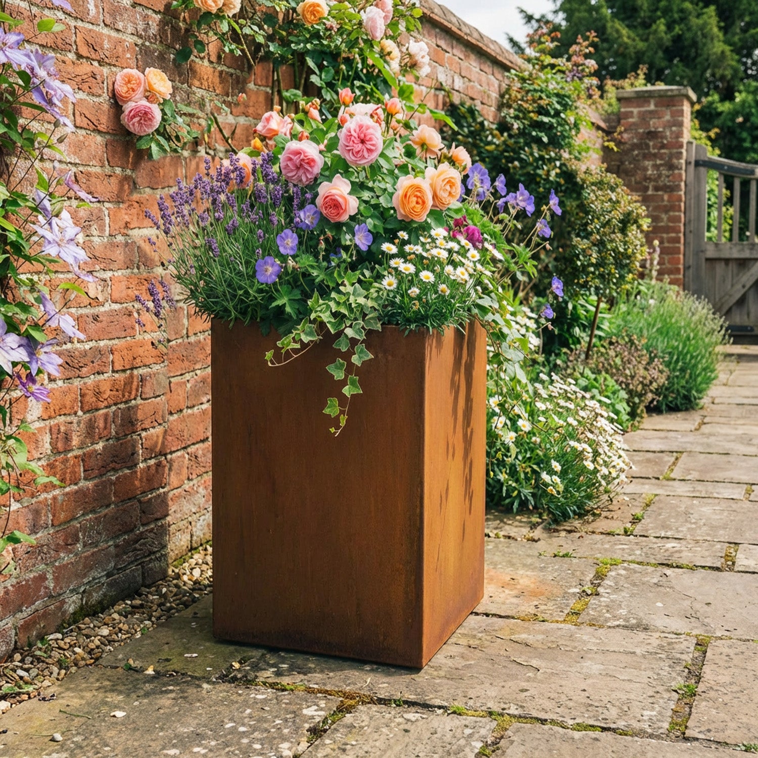 Square Rustic Steel Planter - 400mm x 400mm Top x 1000mm Height