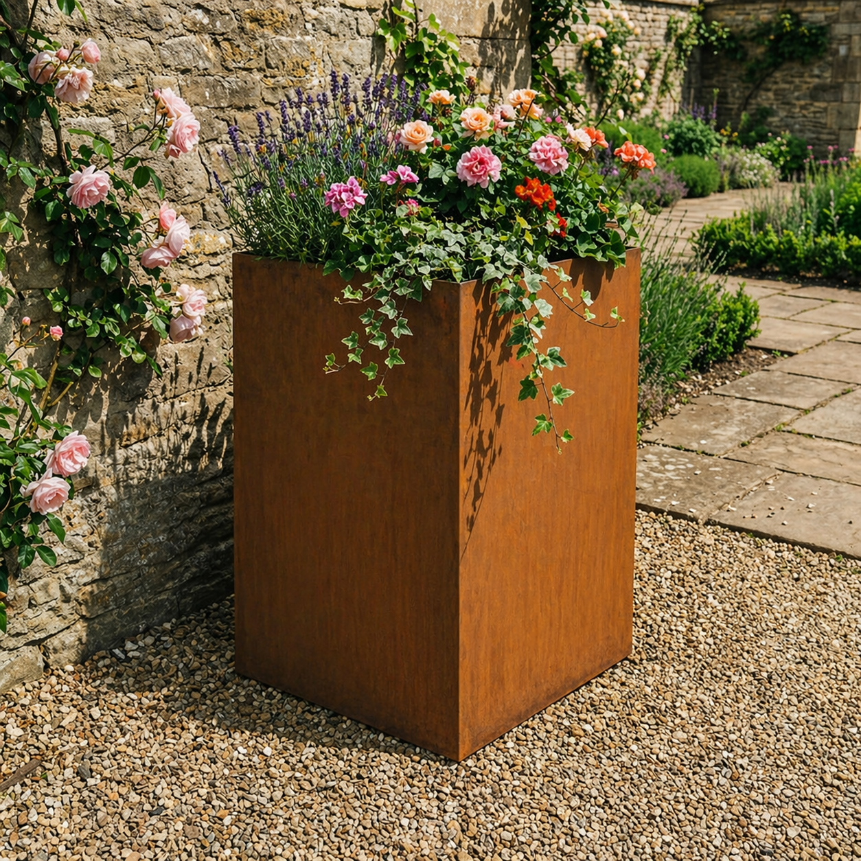 Square Rustic Steel Planter - 400mm x 400mm Top x 800mm Height