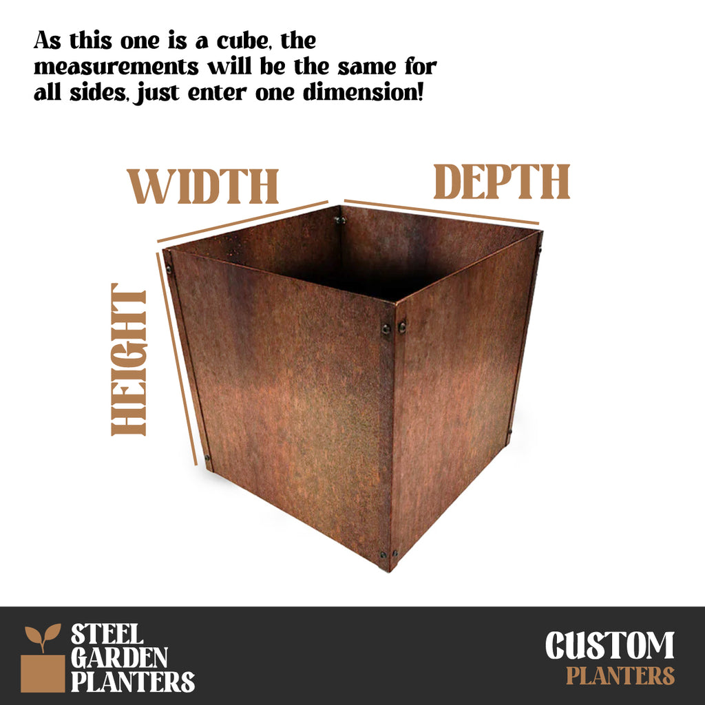 Custom-Size Flat-Packed Cubic Rustic Steel Planter (Maximum Size = 600mm)