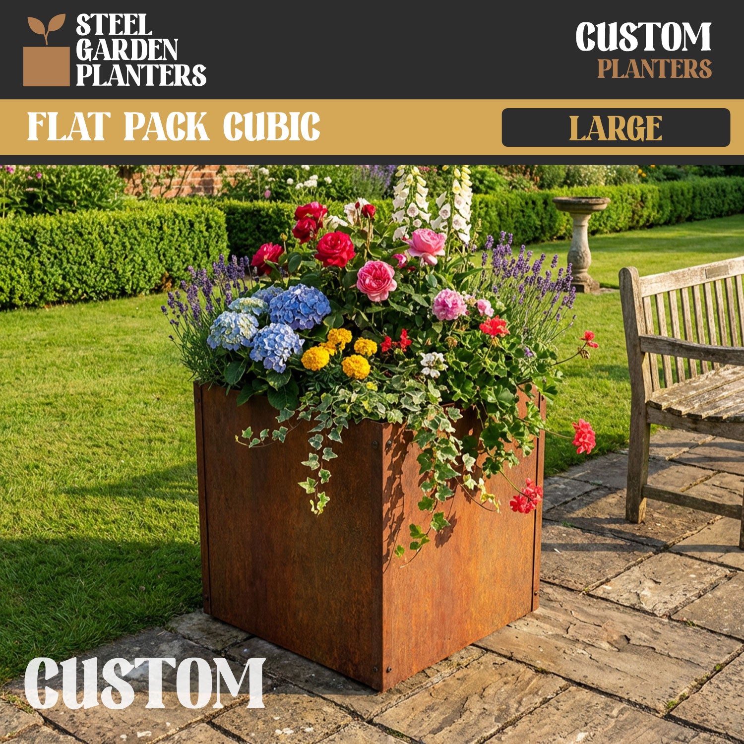 Large Custom-Size Flat-Packed Cubic Rustic Steel Planter (Maximum Dimensions = 1200mm)