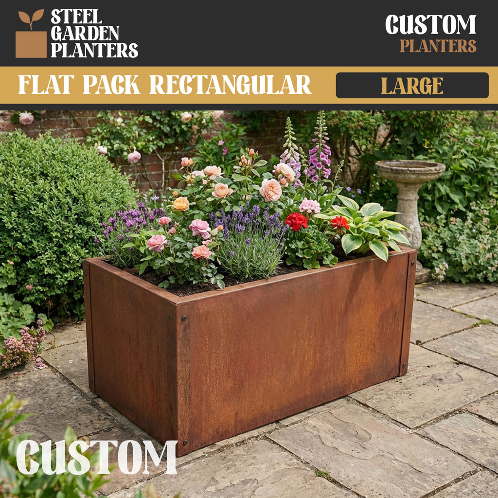 Large Custom-Size Flat-Packed Rectangular Rustic Steel Planter (Maximum Dimensions = 1200mm)