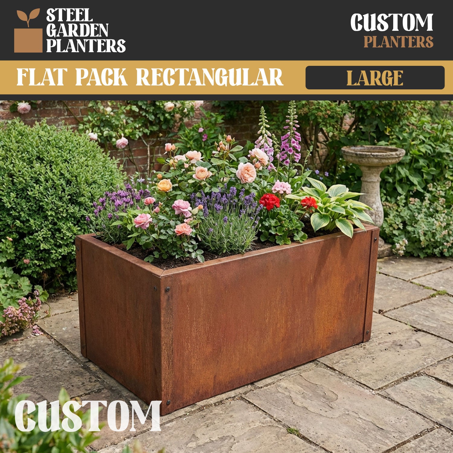 Large Custom-Size Flat-Packed Rectangular Rustic Steel Planter (Maximum Dimensions = 1200mm)