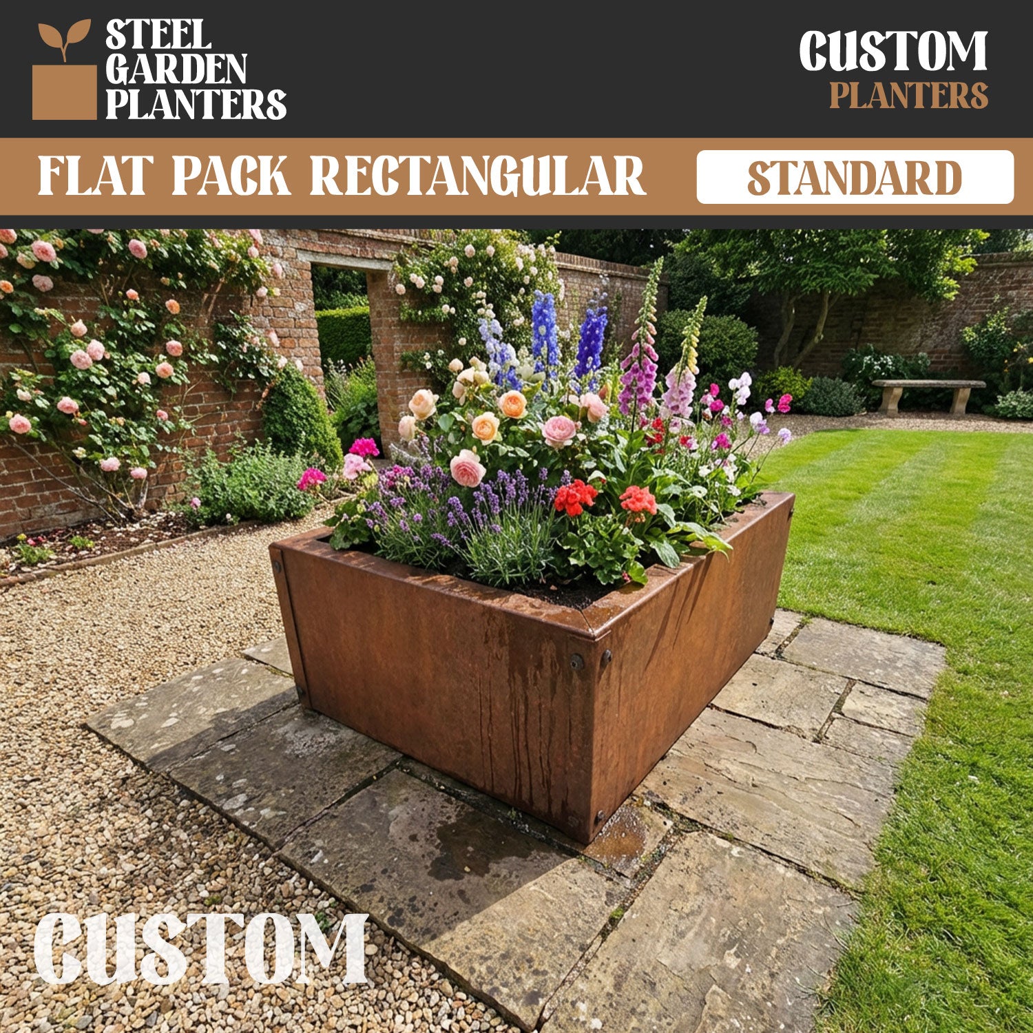 Custom-Size Flat-Packed Rectangular Rustic Steel Planter (Maximum Dimensions = 600mm)