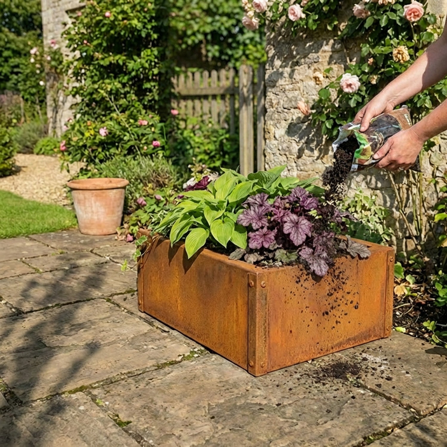 Rectangular Flat-Pack Rustic Steel Planter - 400mm W x 300mm L x 150mm H