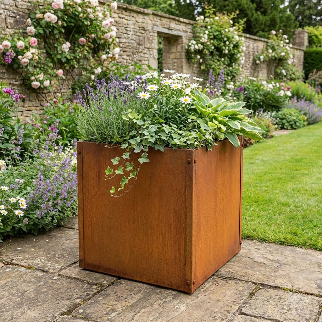 Cubic Flat-Pack Rustic Steel Planter - 400mm x 400mm x 400mm