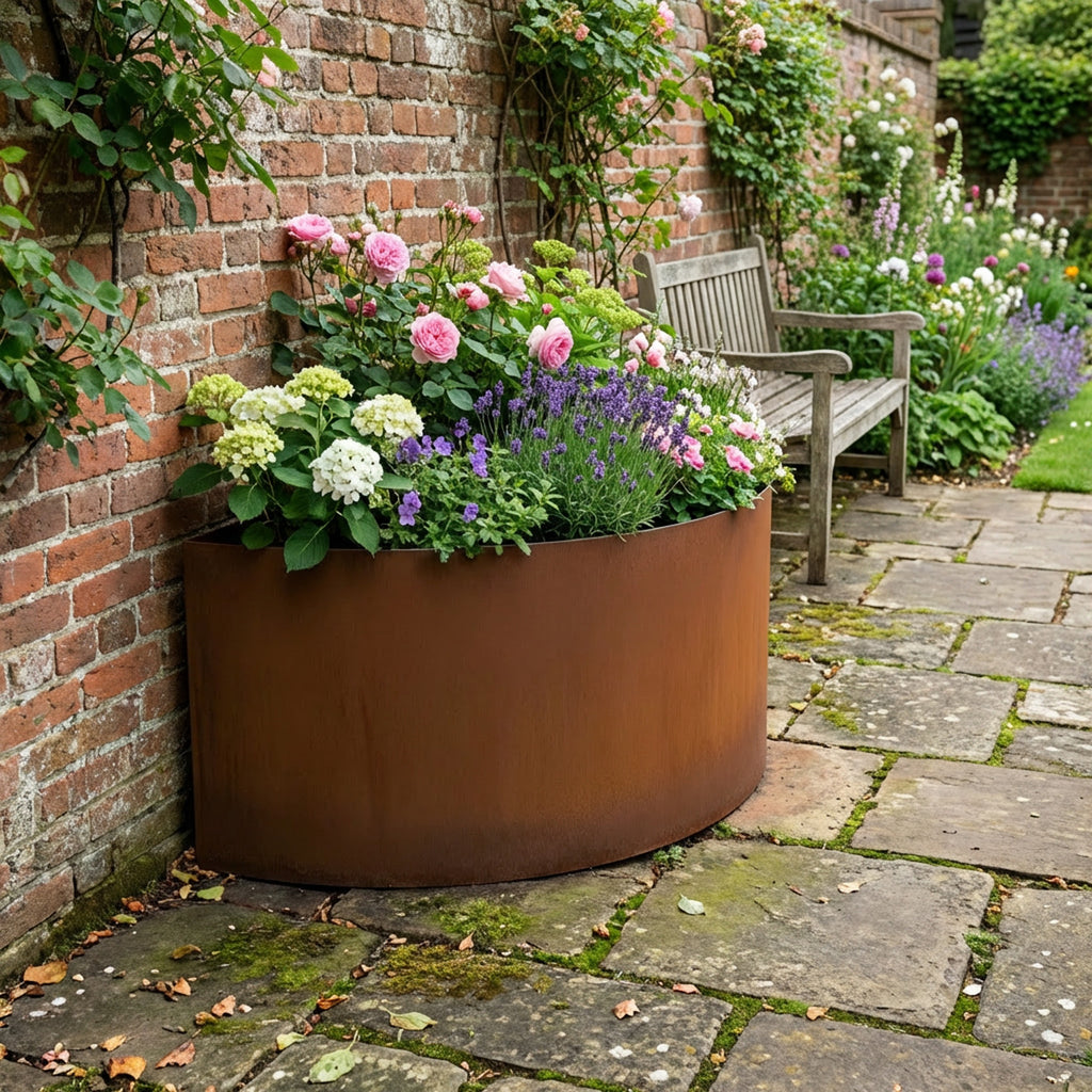 Semi Circular Rustic Steel Planter - 400mm Diameter x 300mm Height