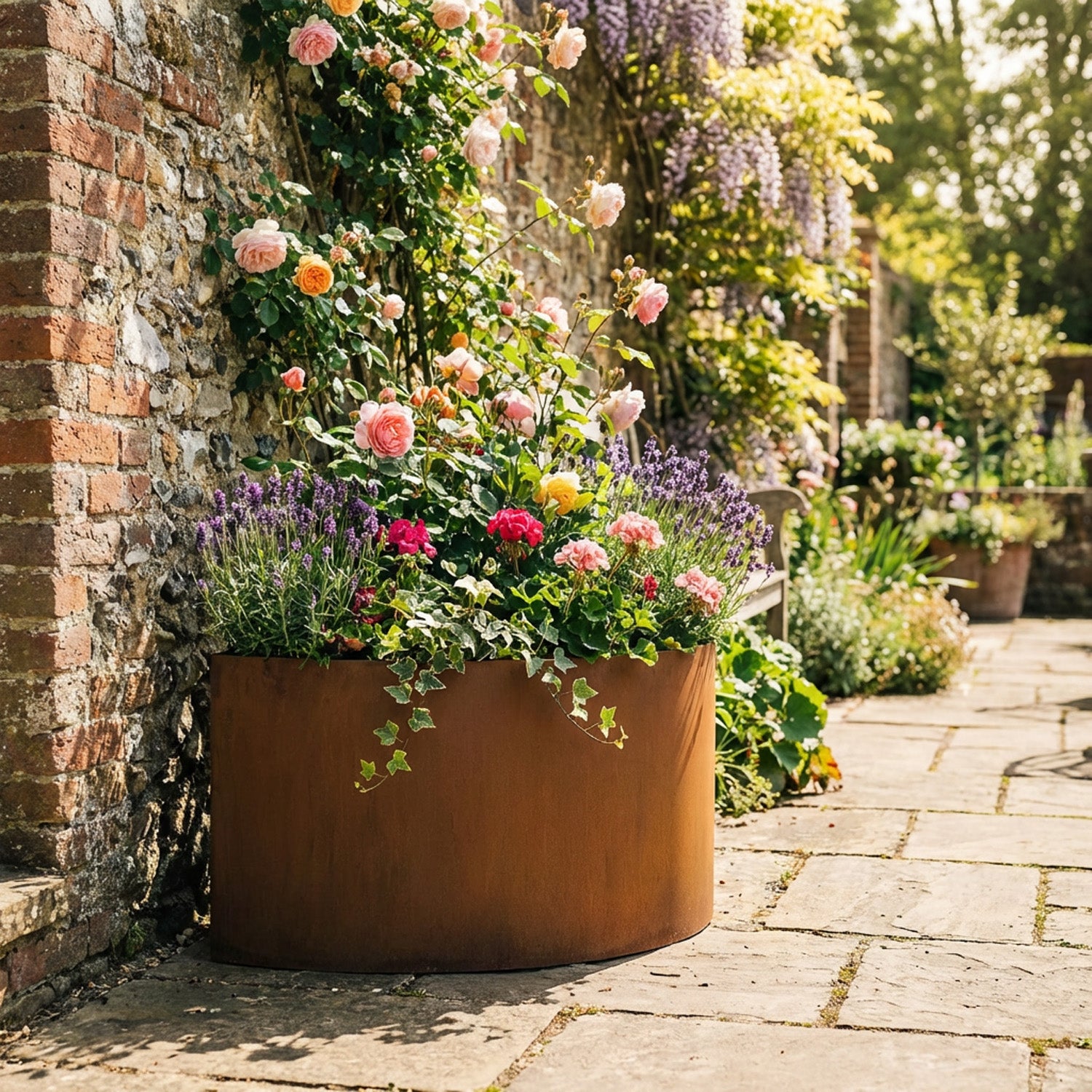 Semi Circular Rustic Steel Planter - 600mm Diameter x 400mm Height