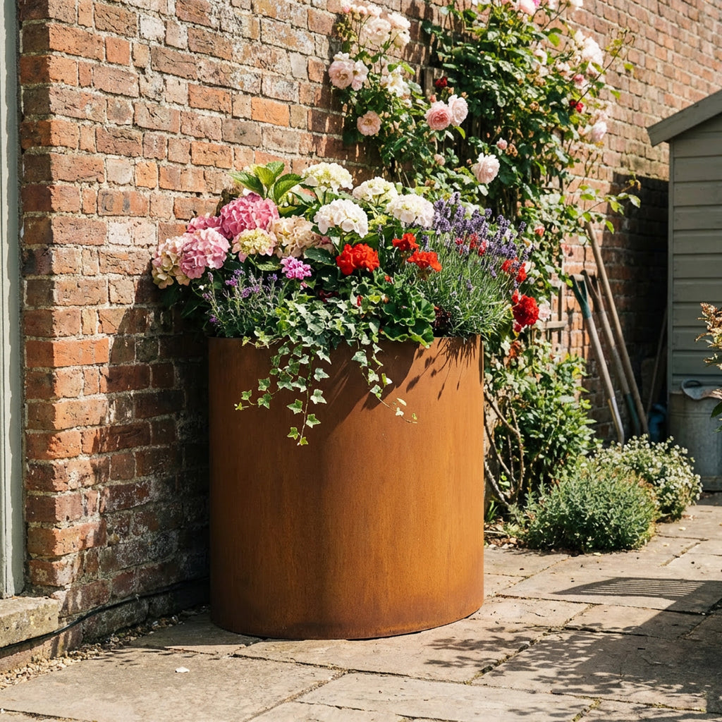 Semi Circular Rustic Steel Planter - 400mm Diameter x 600mm Height