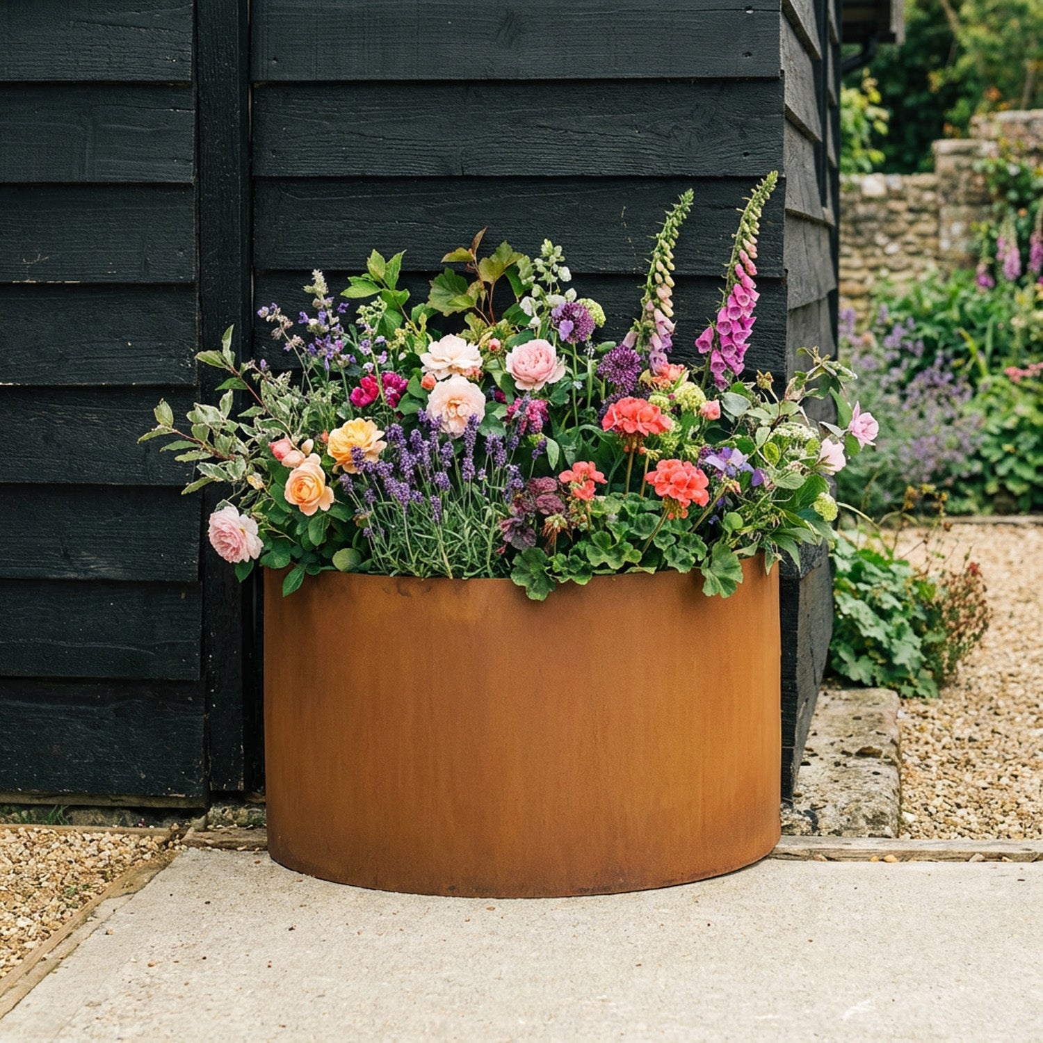 Semi Circular Rustic Steel Planter - 600mm Diameter x 400mm Height