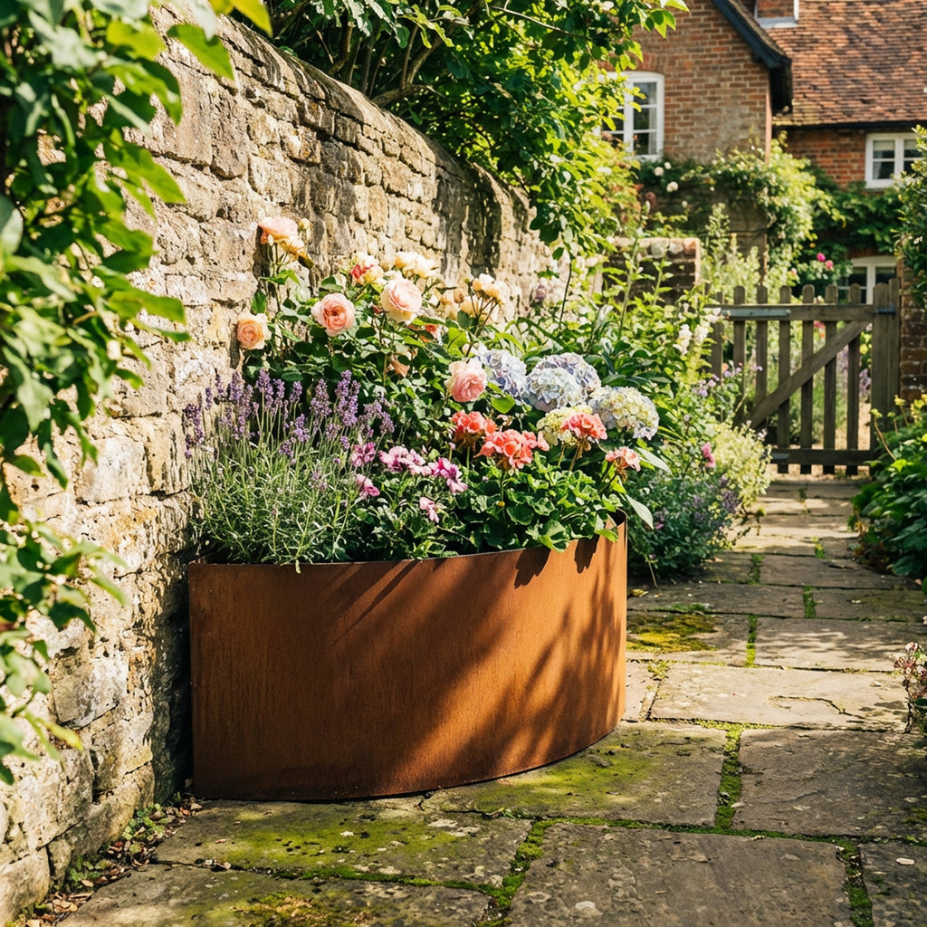 Large Semi Circular Rustic Steel Planter - 900mm Diameter x 500mm Height