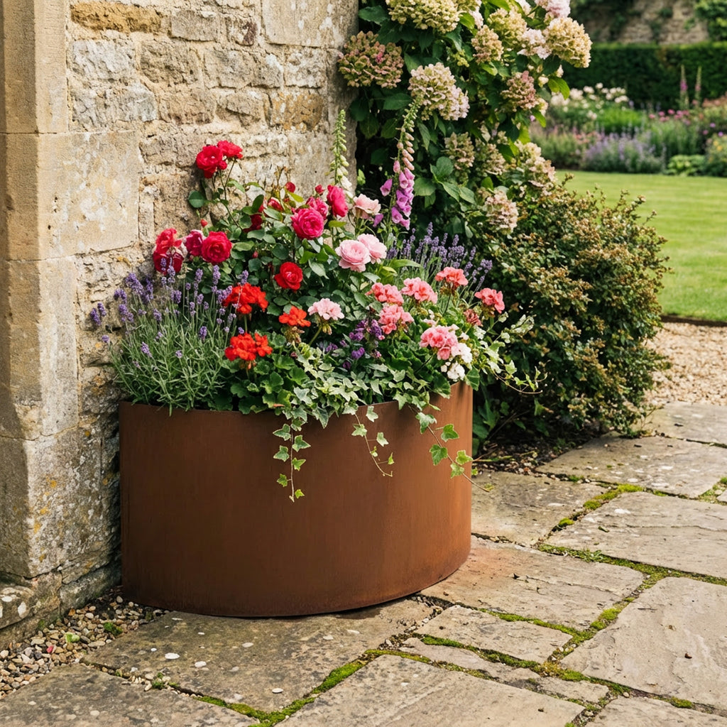 Semi Circular Rustic Steel Planter - 400mm Diameter x 600mm Height