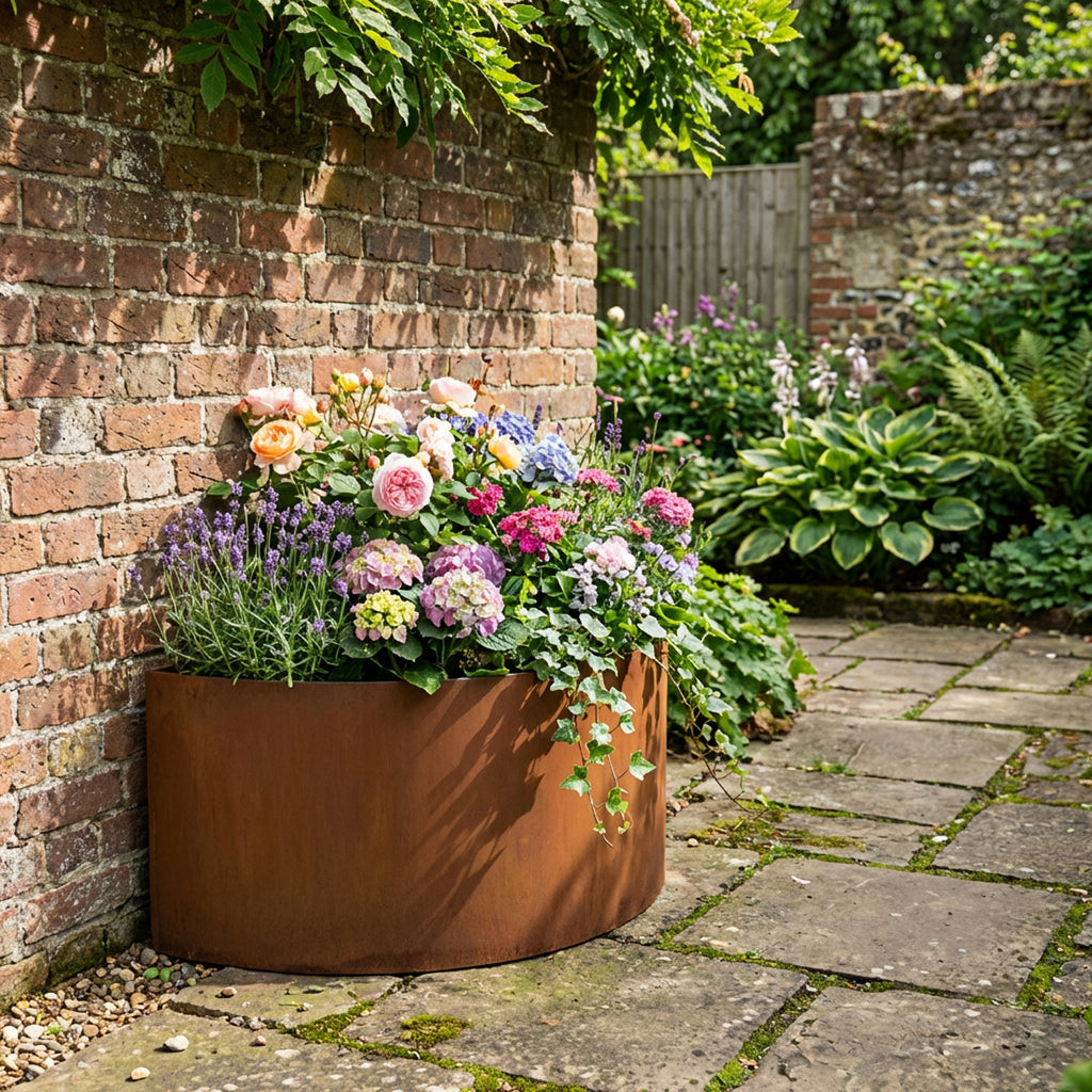 Large Semi Circular Rustic Steel Planter - 900mm Diameter x 500mm Height