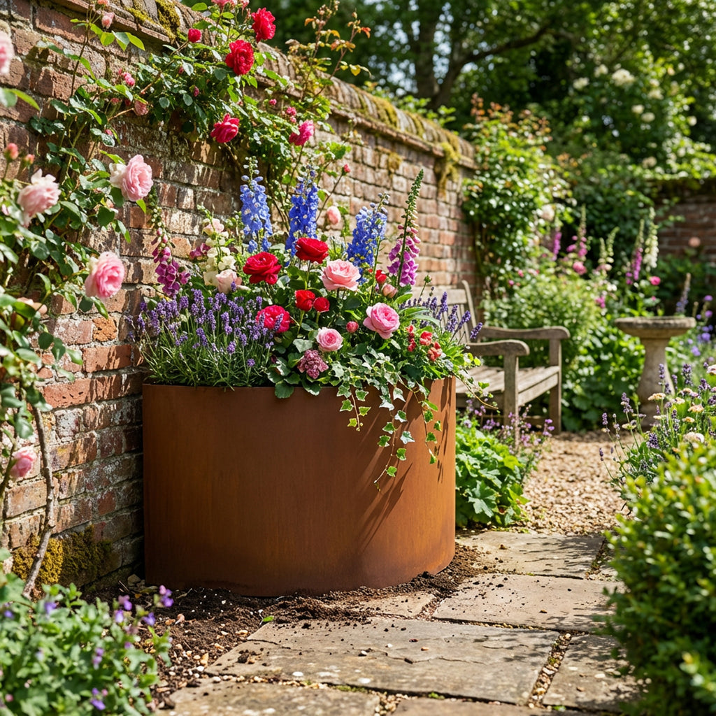 Semi Circular Rustic Steel Planter - 600mm Diameter x 300mm Height