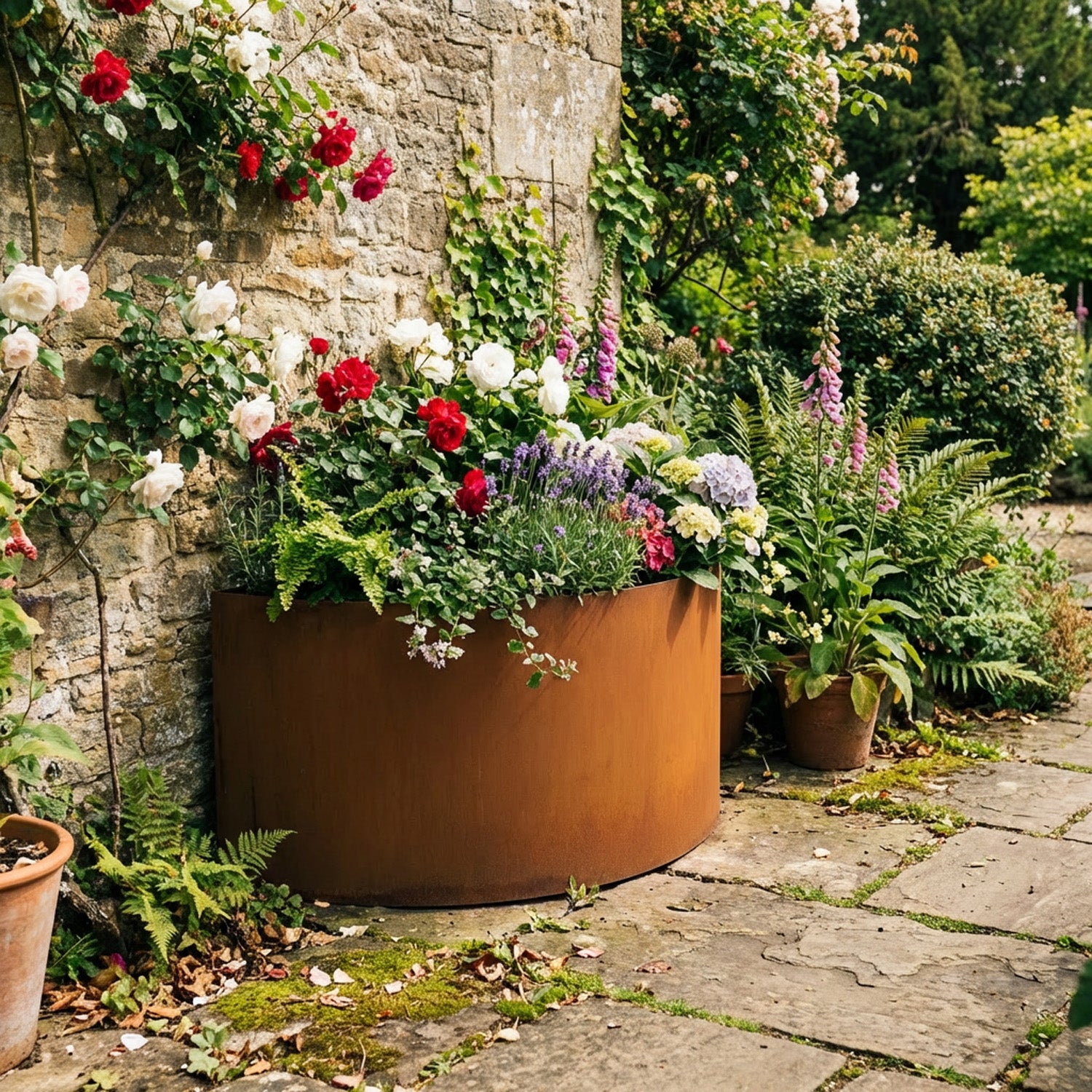 Semi Circular Rustic Steel Planter - 600mm Diameter x 600mm Height
