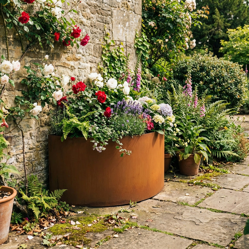 Semi Circular Rustic Steel Planter - 400mm Diameter x 400mm Height