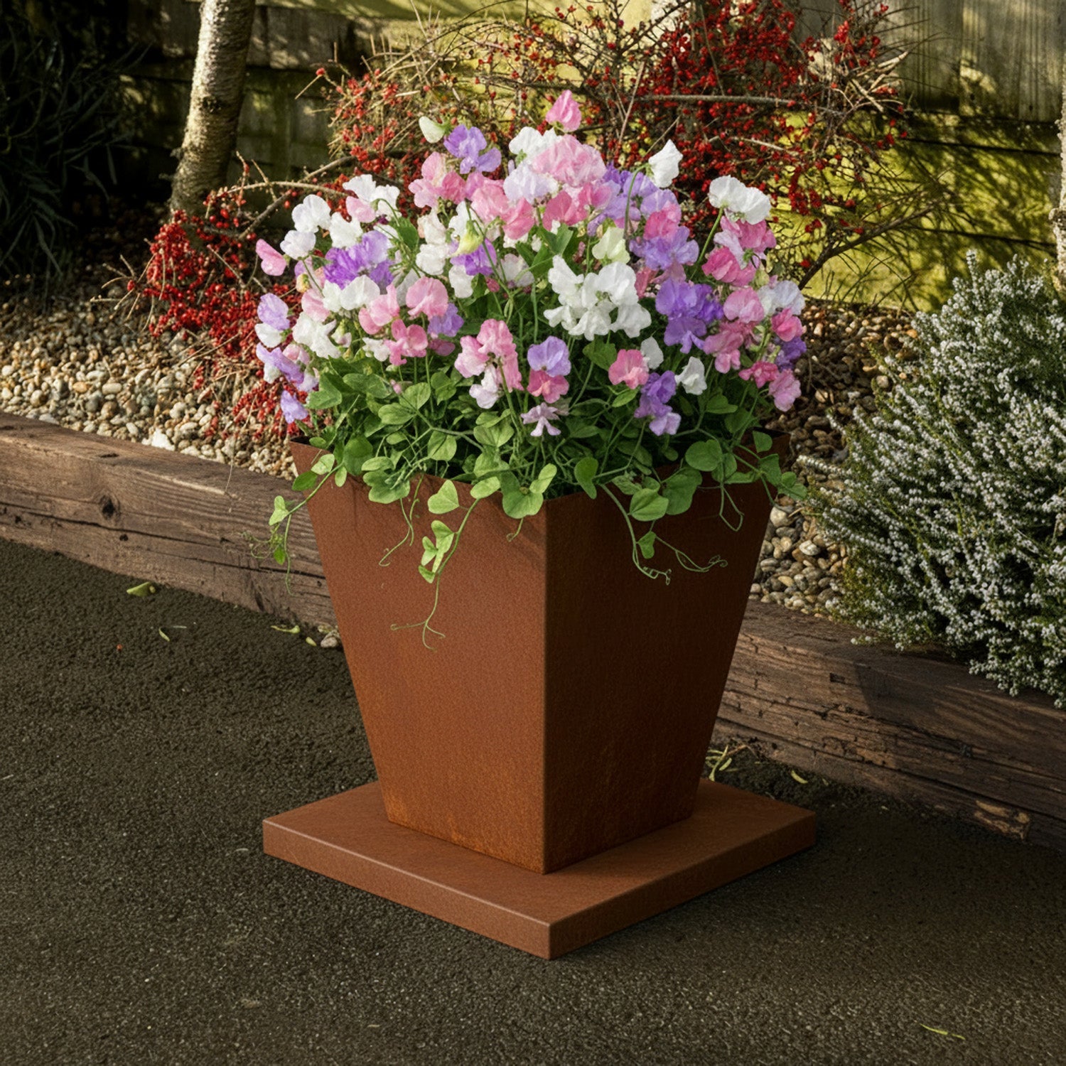 Rustic Steel Tapered Planter with Base Stand