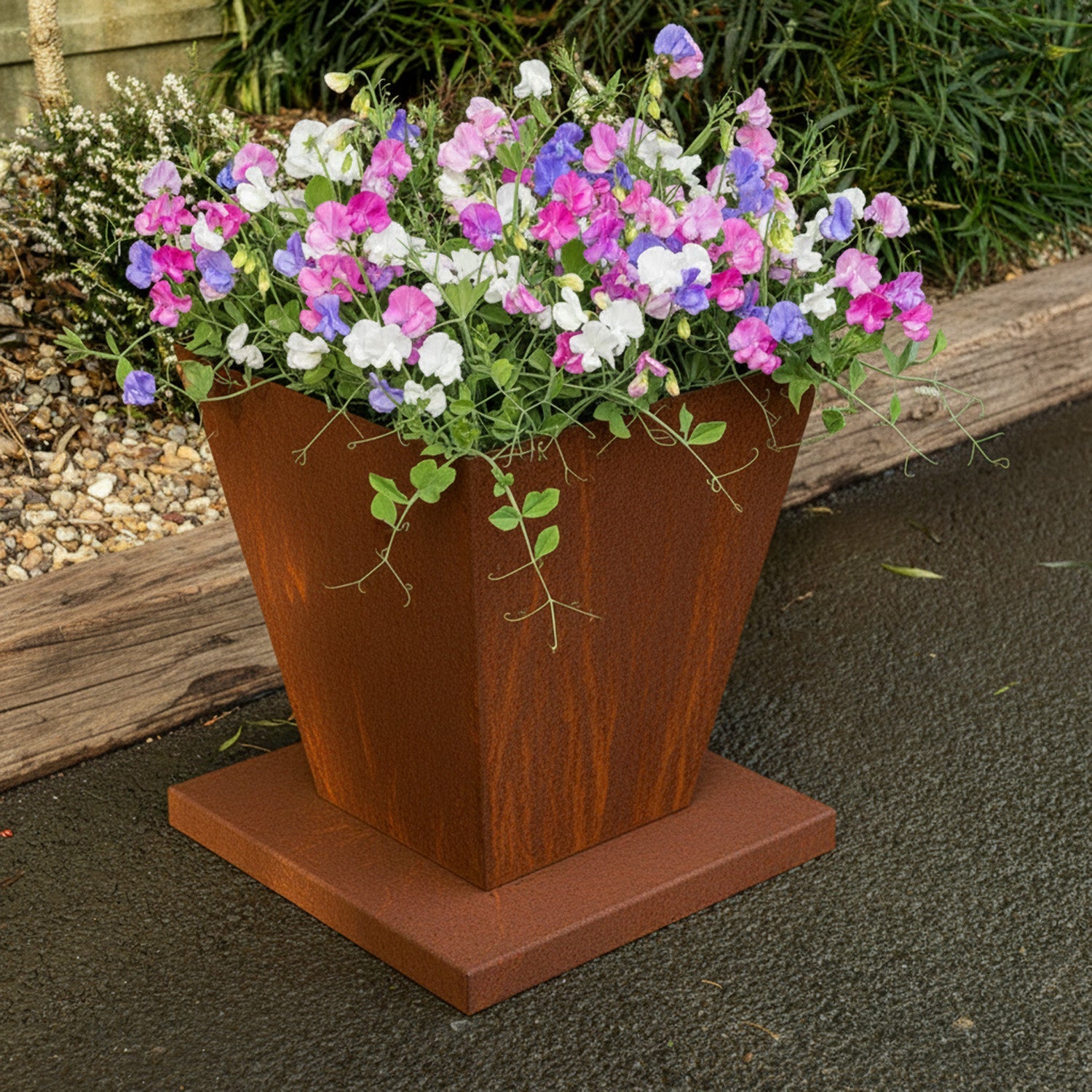 Rustic Steel Tapered Planter with Base Stand