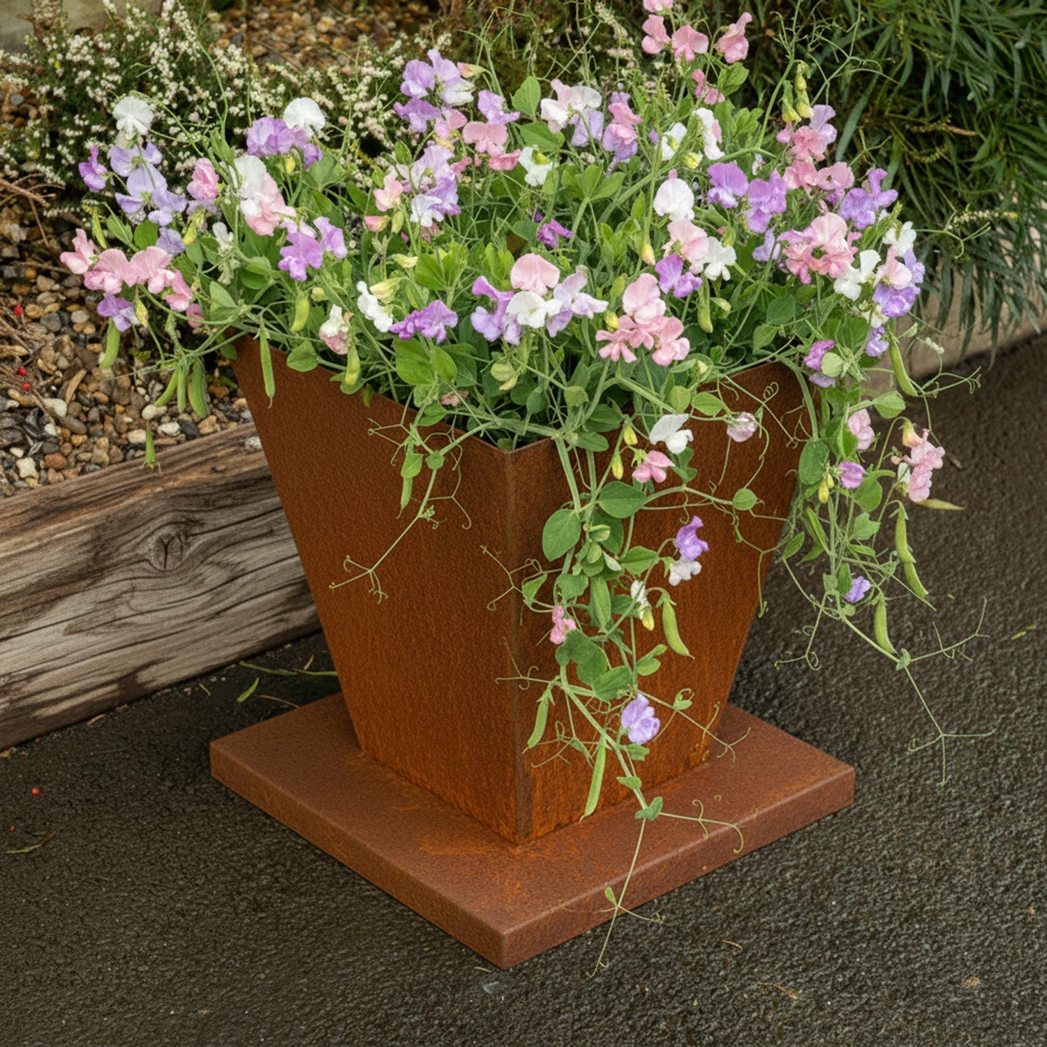 Rustic Steel Tapered Planter with Base Stand