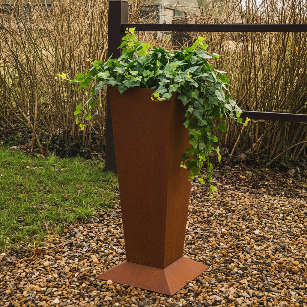 Rustic Steel Tapered Pedestal Garden Planter