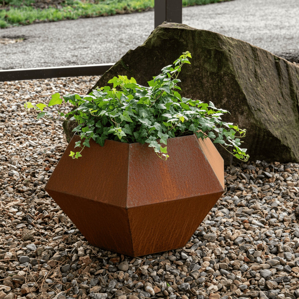 Rustic Steel Faceted Geometric Planter with Base