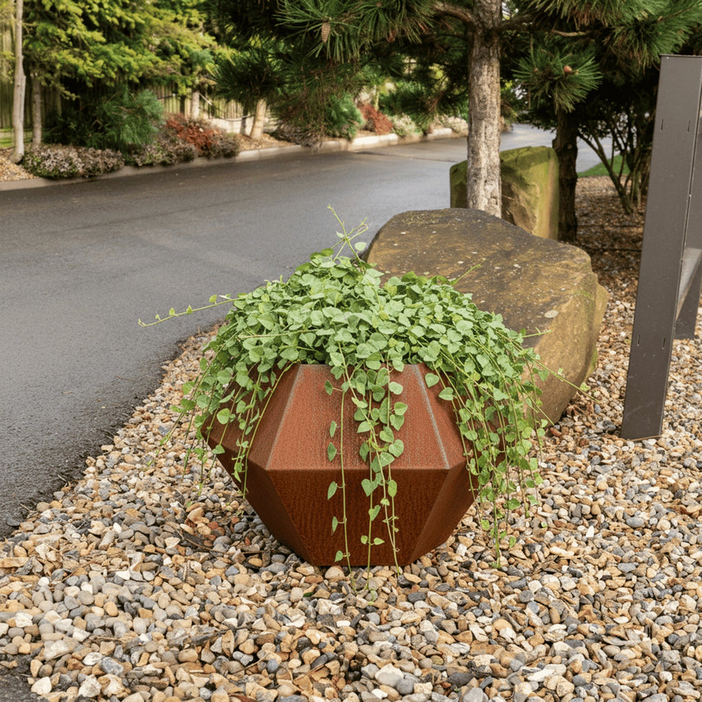Rustic Steel Faceted Geometric Planter with Base