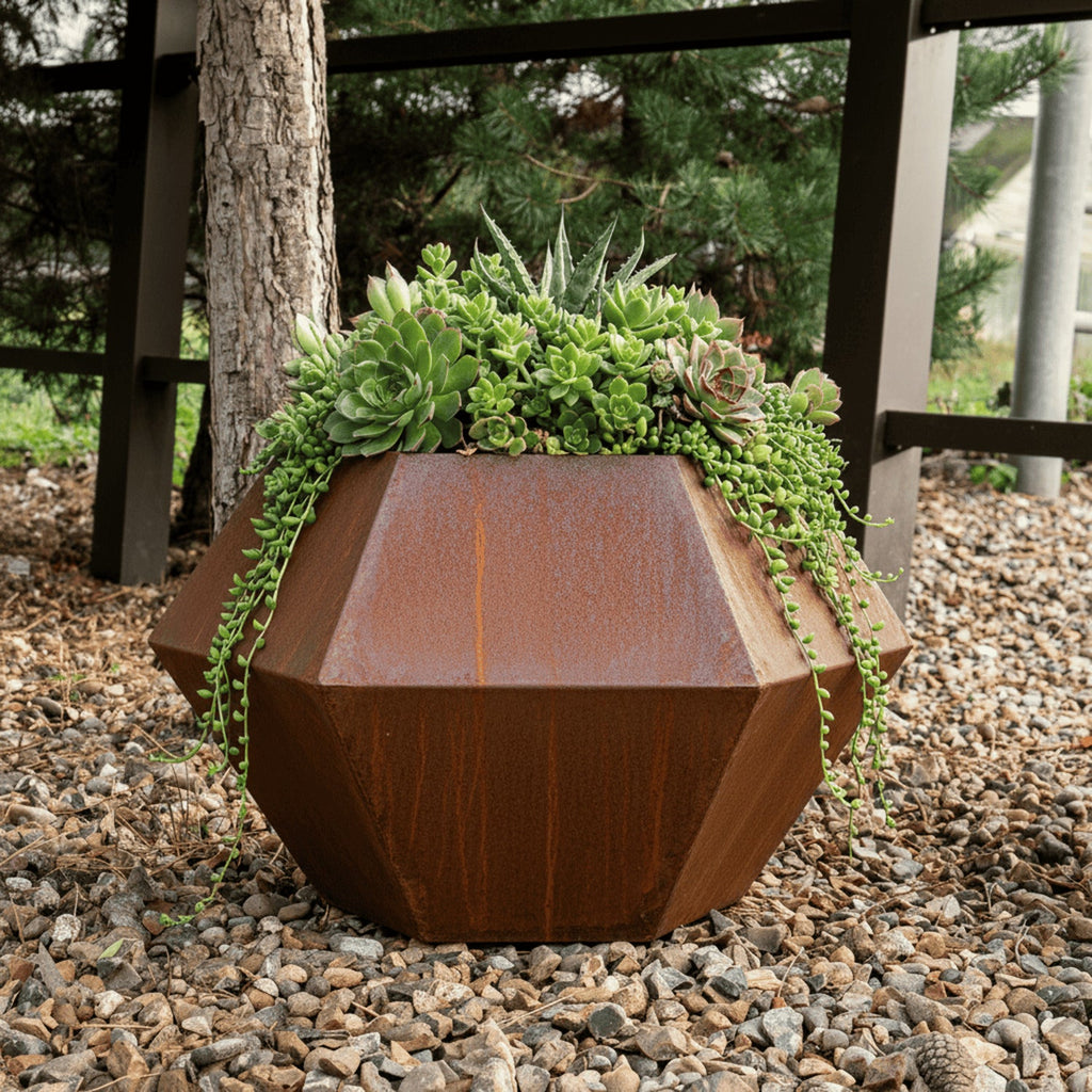 Rustic Steel Faceted Geometric Planter with Base