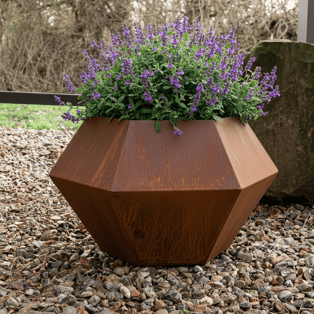 Rustic Steel Faceted Geometric Planter with Base