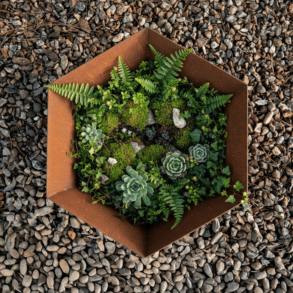 Rustic Steel Hexagon Tapered Geometric Planter with Base