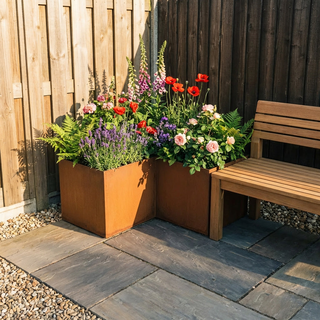 L Shape Rustic Steel Corner Planter - 600mm x 600mm Width x 200mm Height
