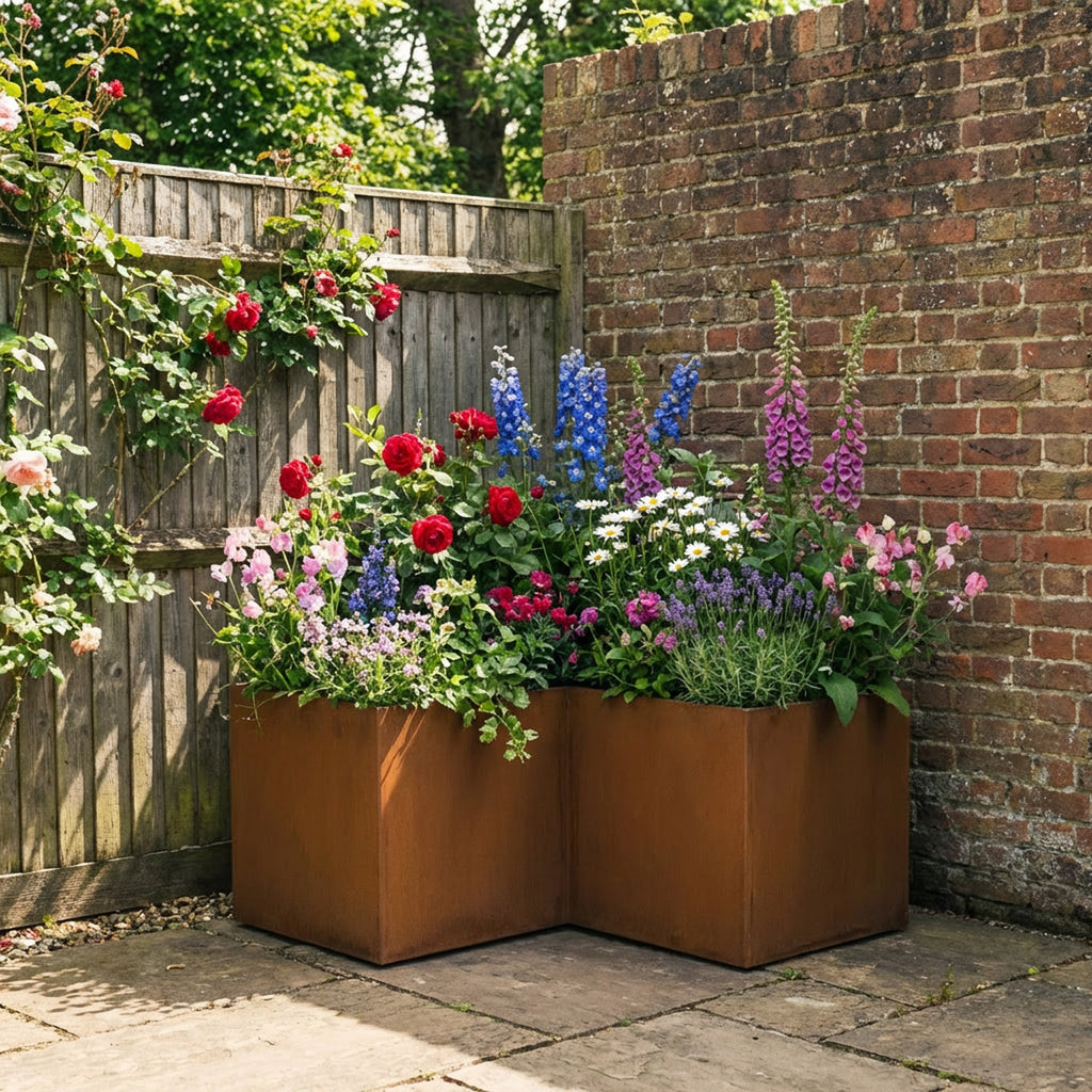 L Shape Rustic Steel Corner Planter - 600mm x 600mm Width x 300mm Height