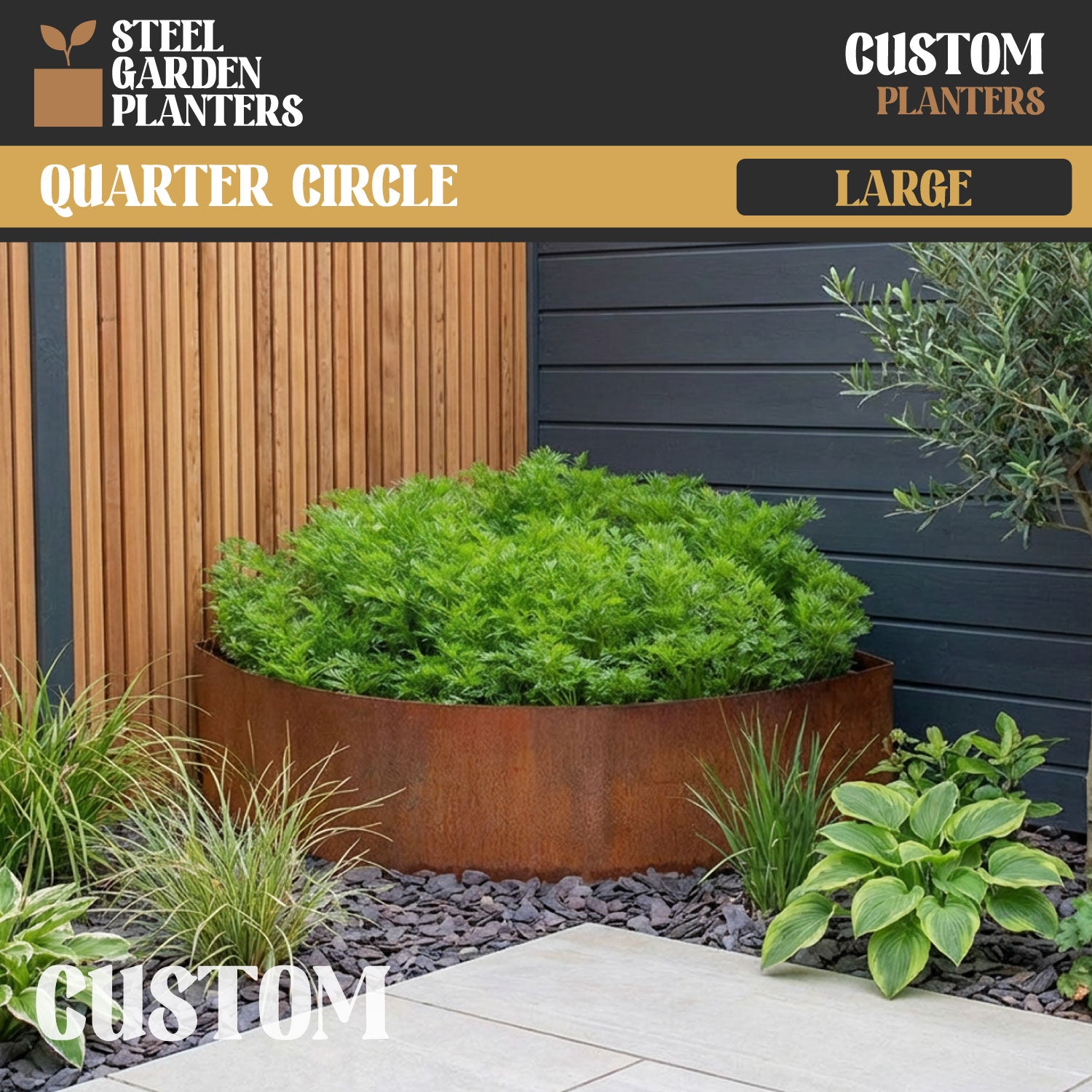 Large Custom-Size Quarter-Circle Rustic Steel Planter (Maximum Radius = 1200mm)