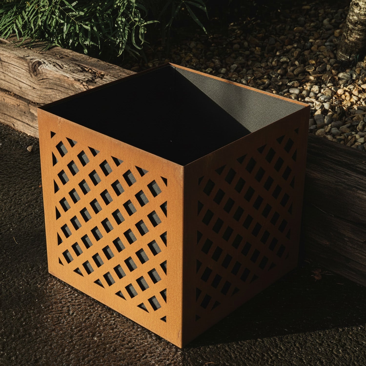 Crosshatch-Design Two-Part Rustic Steel Cube Planter