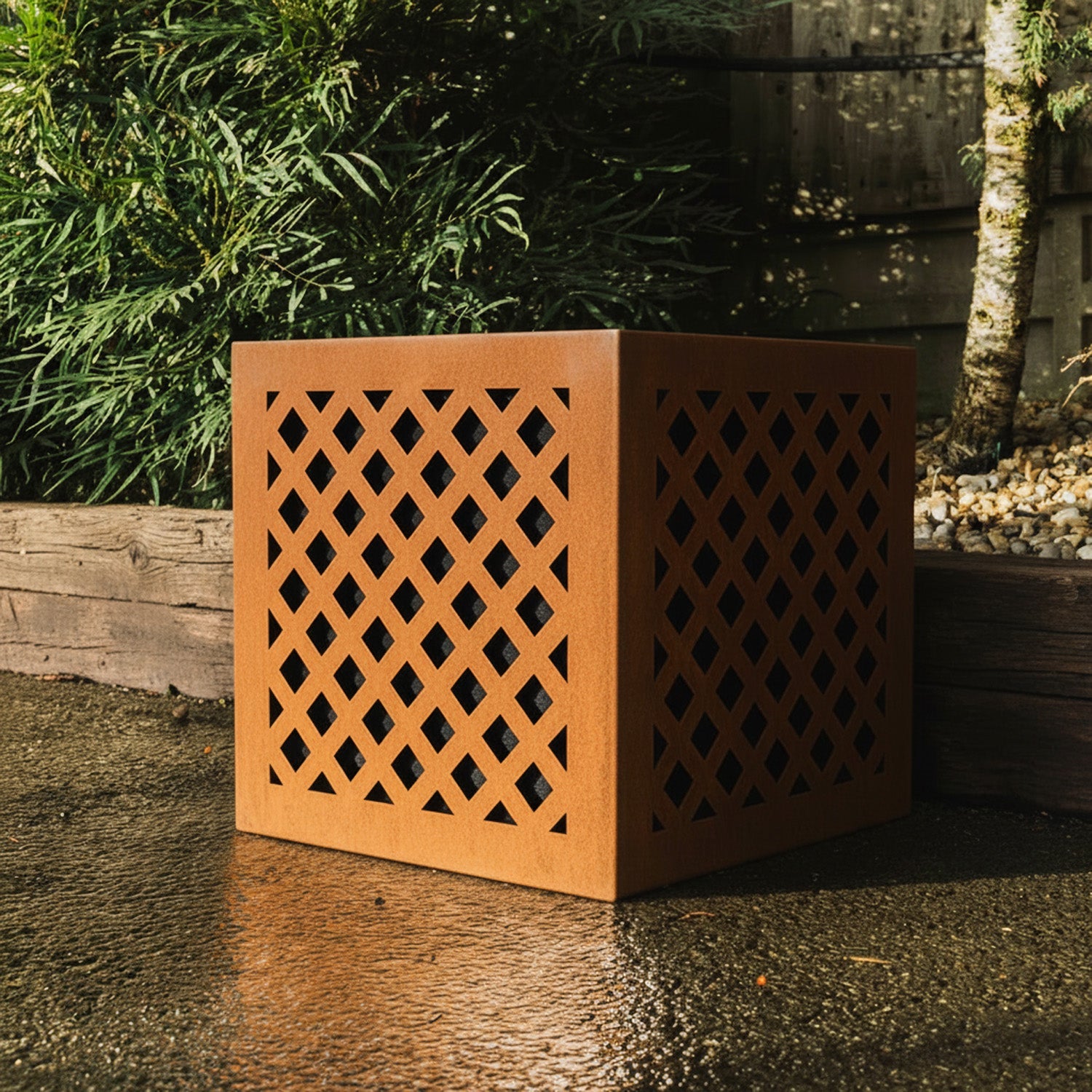 Crosshatch-Design Two-Part Rustic Steel Cube Planter