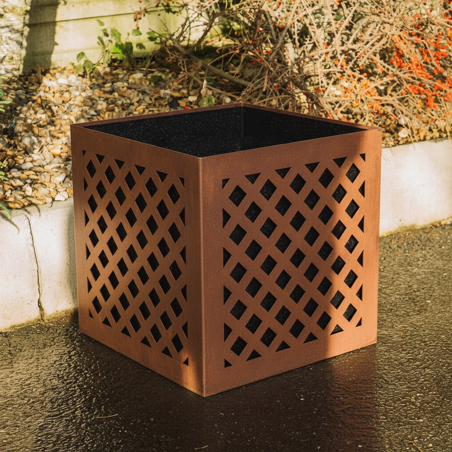 Crosshatch-Design Two-Part Rustic Steel Cube Planter