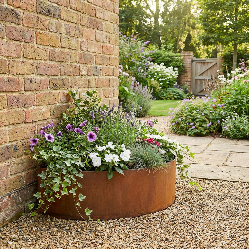 Semi Circular Rustic Steel Planter - 600mm Diameter x 200mm Height