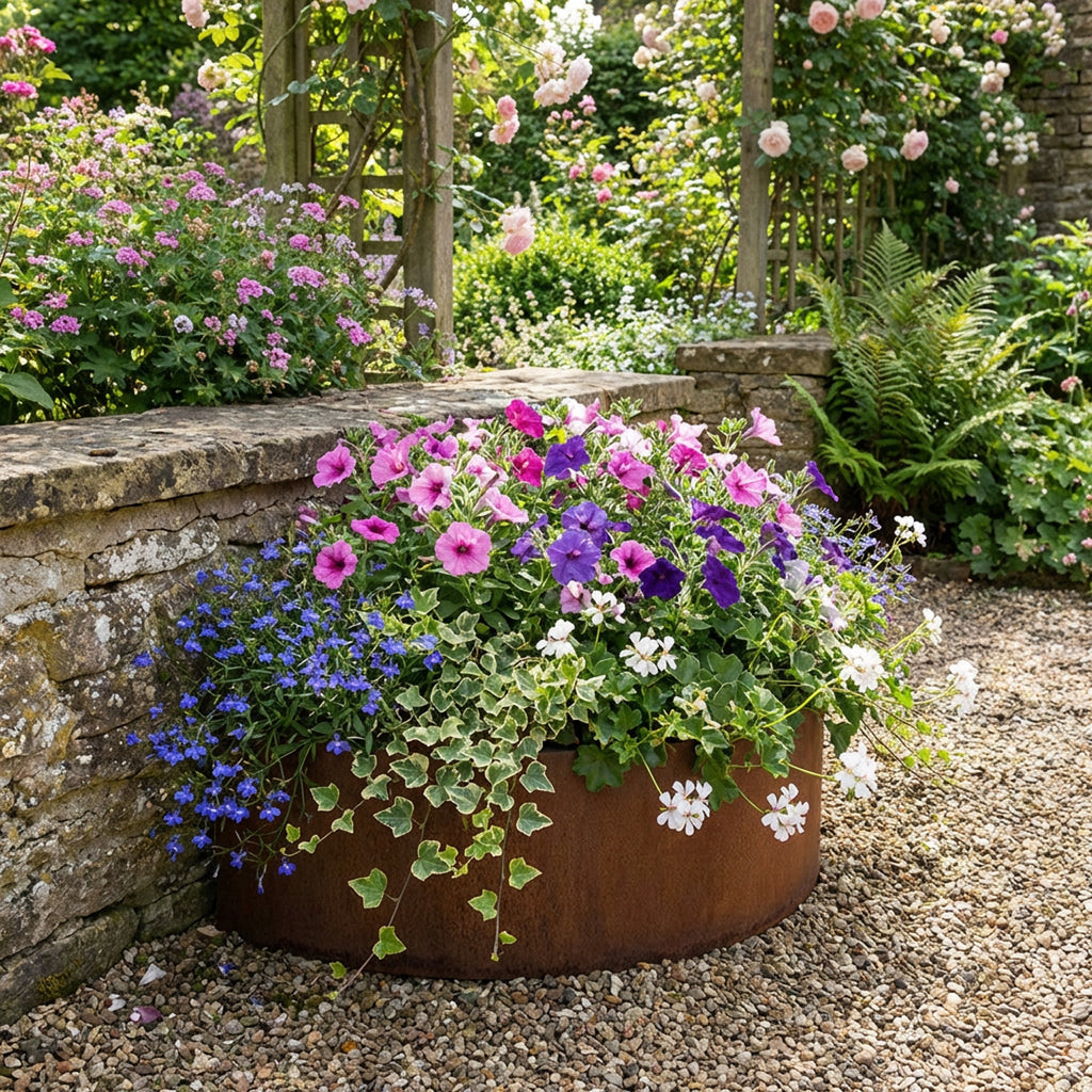 Semi Circular Rustic Steel Planter - 400mm Diameter x 200mm Height