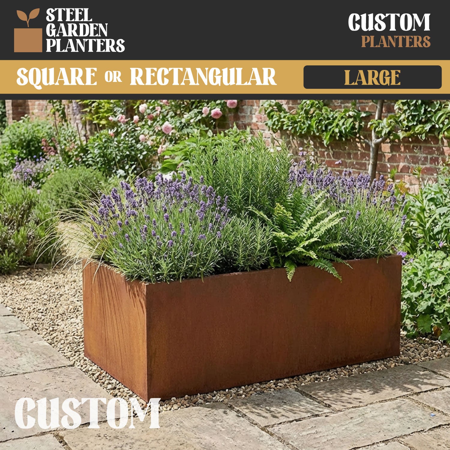 Large Custom Size Rectangular or Square Rustic Steel Planter (Max. Sides = 2000mm + Max. Height = 800mm)
