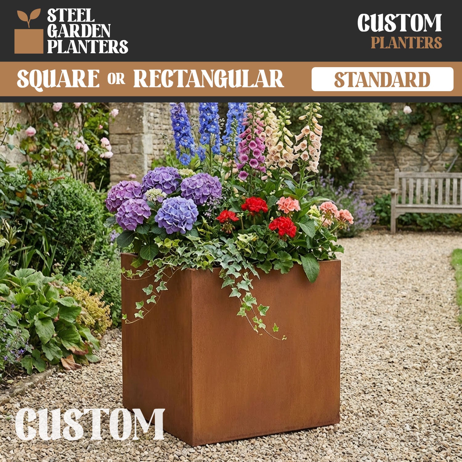 Custom Size Rectangular or Square Rustic Steel Planter (Max. Sides = 600mm + Max. Height = 800mm)