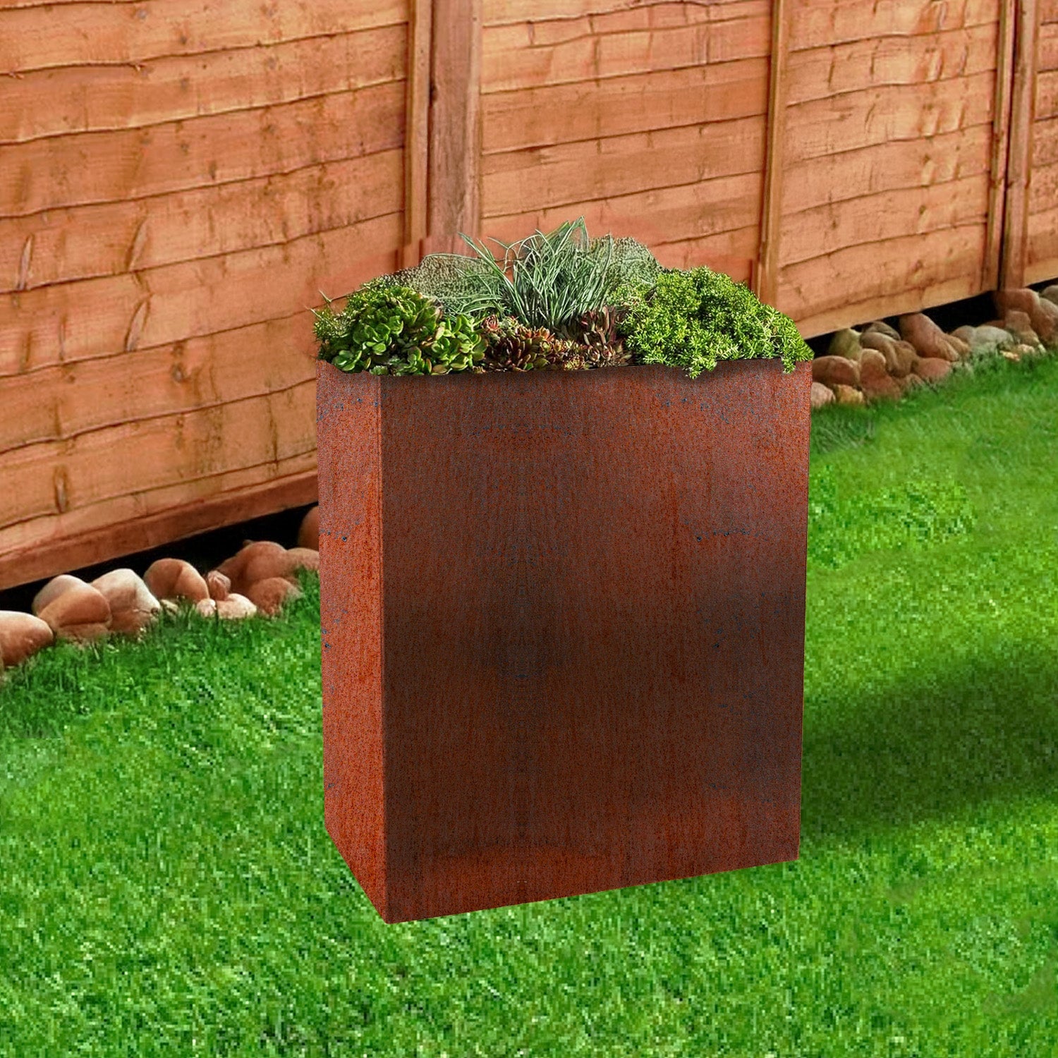 Rectangular Rustic Steel Planter with Base & Drainage Holes - 600mm H x 300mm W x 500mm L