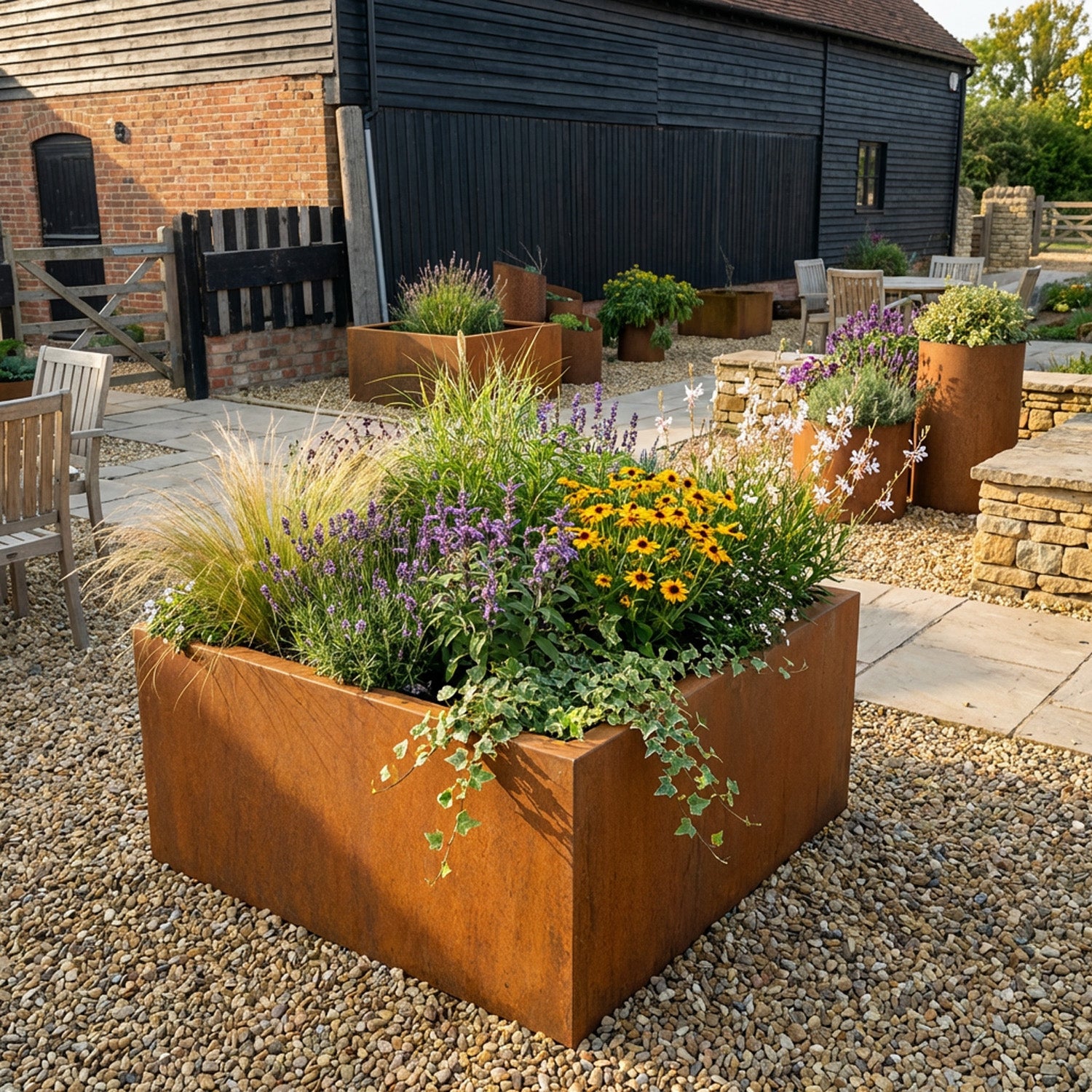 Commercial Grade Rustic Steel Outdoor Planter Troughs - 1150mm x 1150mm Top x 500mm Height