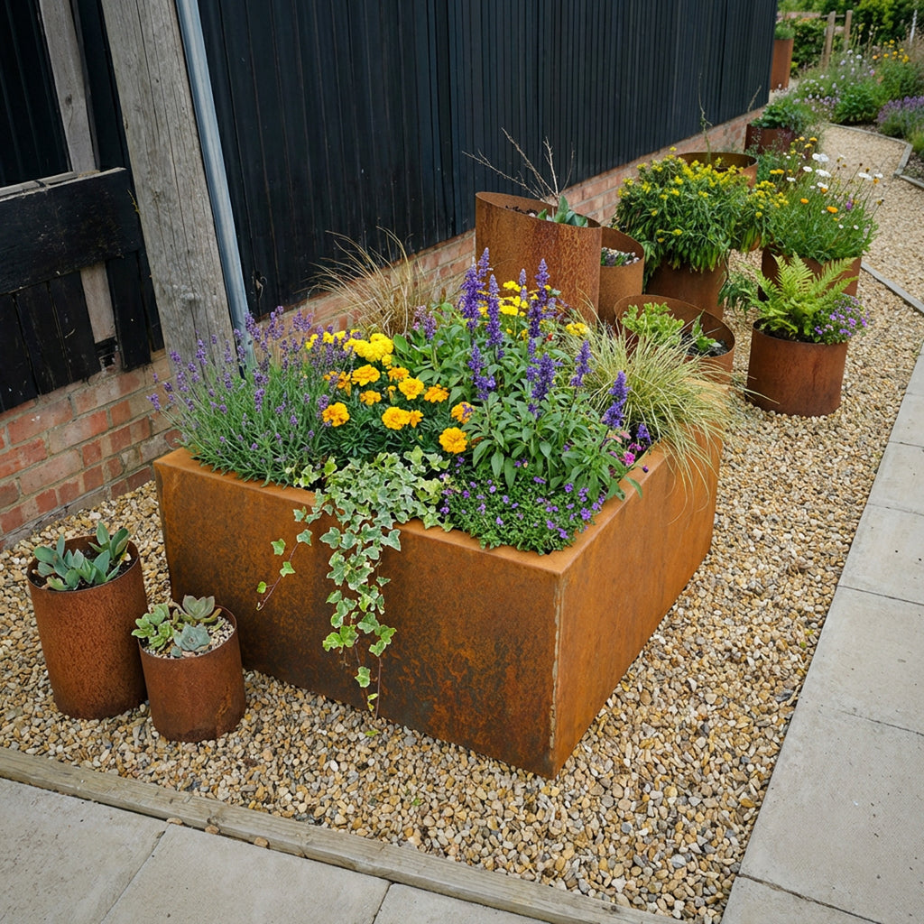 Commercial Grade Rustic Steel Outdoor Planter Troughs - 1150mm x 1150mm Top x 500mm Height